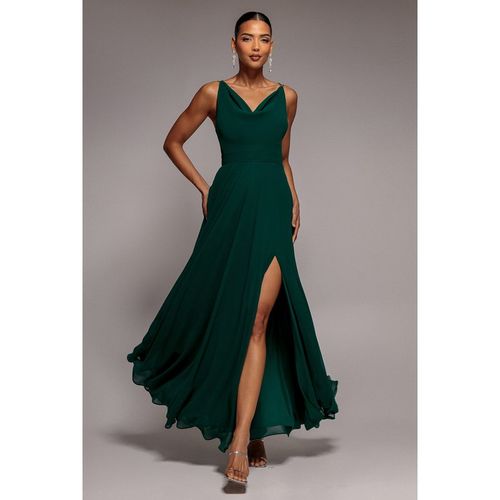 Goddiva Chiffon Cowl Twisted Rope Strap Lace-up Flared Maxi Dress - Emerald Green