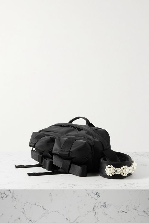 Bow And Faux Pearl-embellished Shell Belt Bag - Black