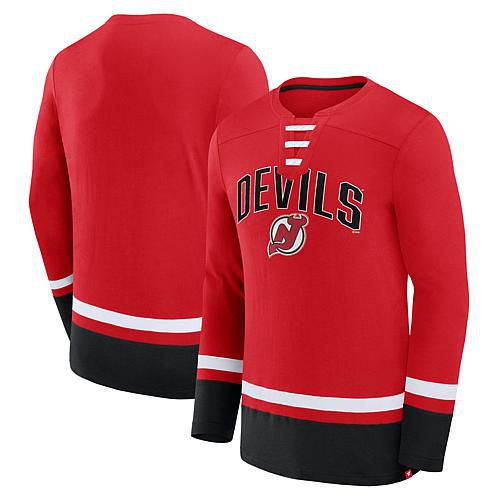 Men's Fanatics Red New Jersey Devils Back Pass Lace-Up Long Sleeve T-Shirt - XL