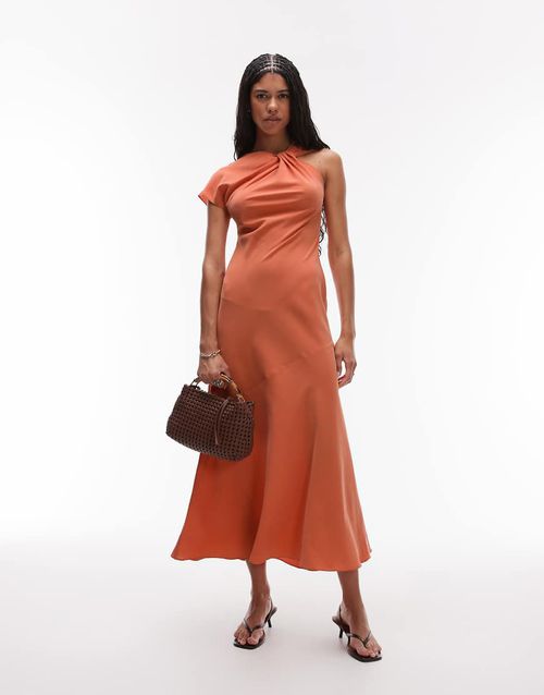 Knot neck asymmetric sleeve midi in tangerine-Orange