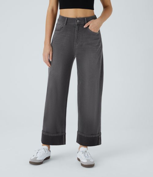 Flex™ High Waisted Pockets Rolled Hem Wide Leg Washed Casual Jeans  - Bright gray denim