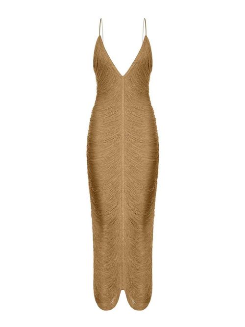 Long Sol Dress With Fringes And V-Neck
