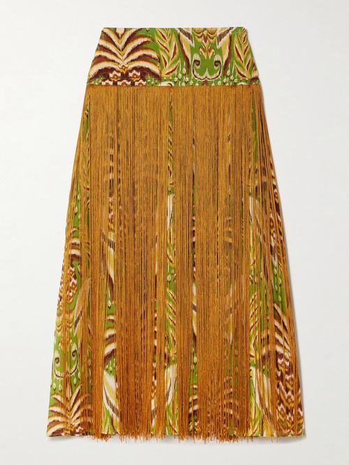 Fringed Printed Satin Midi Skirt - Yellow