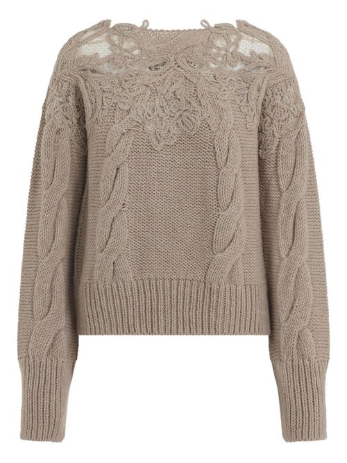 Lace-insert cable-knit sweater - Brown