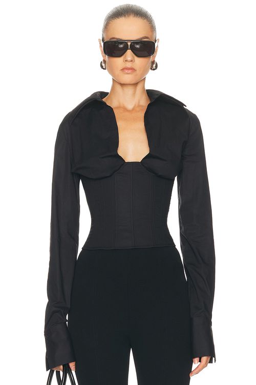 LaQuan Smith Long Sleeve Collared Corset Top in Black - Black. XS also in