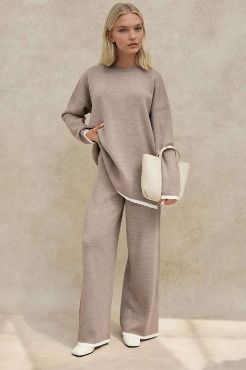 Natural Sweater & Wide Leg Pants Knit Co-ords Set Women