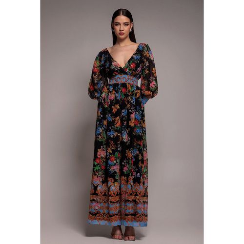 Goddiva Chiffon Wrap Border Floral Print Maxi Dress - Black