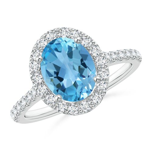 Angara 2.25 Carats Prong-Set Oval Swiss Blue Topaz Halo Ring with Diamond Accents in Platinum