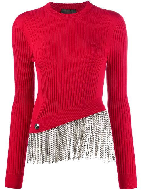 Crystal-hem ribbed top - Red