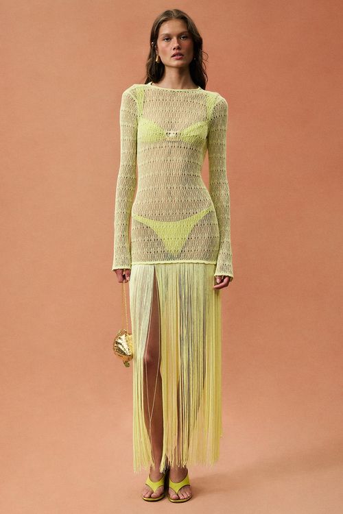 SAME for FWRD Long Sleeve Fringe Maxi Dress in Green
