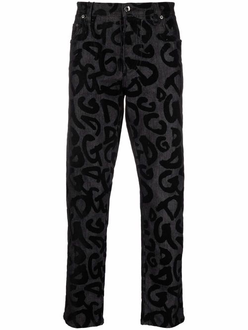 Flocked-logo straight-leg jeans - Black