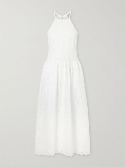 Scalloped Broderie Anglaise Ramie Halterneck Midi Dress - White