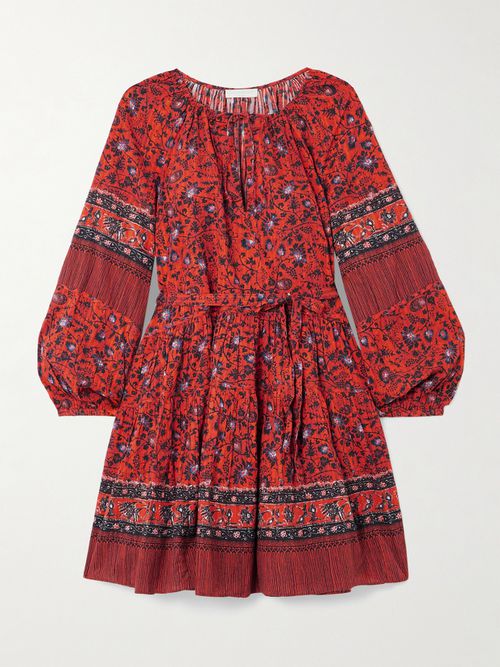 Abri Belted Tiered Printed Cotton-blend Voile Mini Dress - US14