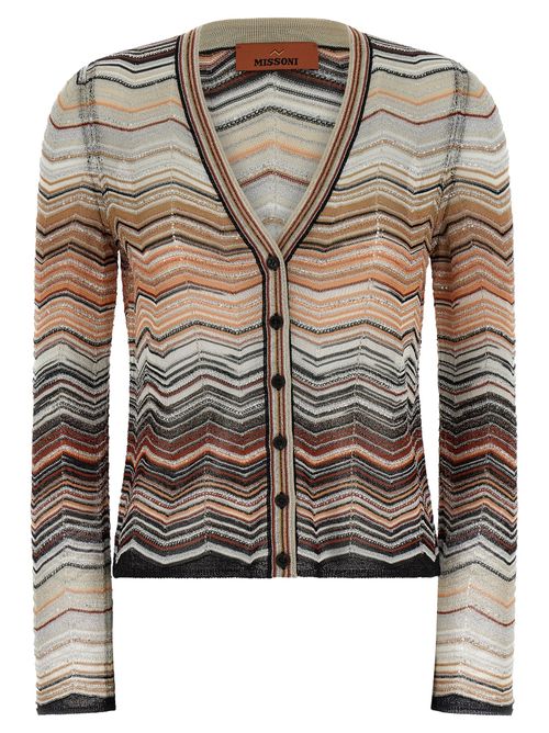 Chevron Lamé Cardigan — Brown