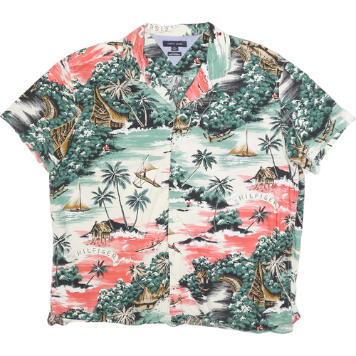 TOMMY HILFIGER Mens Green & Cream Hawaiian Shirt Cotton Blend Short Sleeve