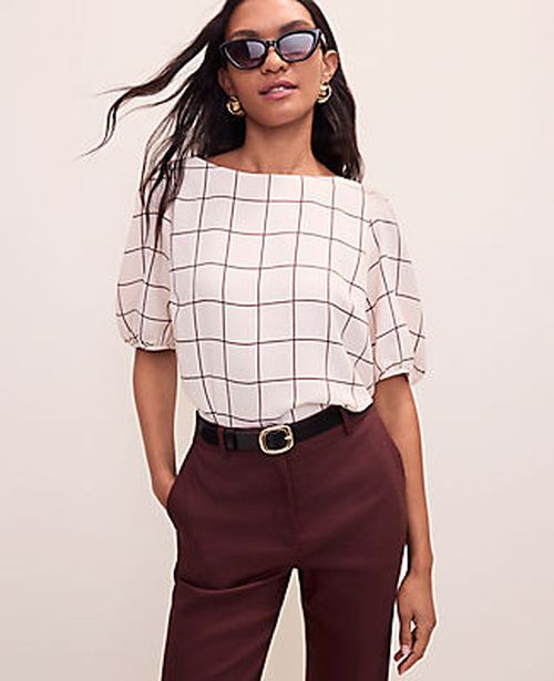 Ann Taylor Windowpane Boatneck Popover Top