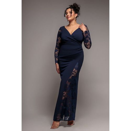 Goddiva Plus Scuba & Lace Wrap Maxi Dress - Navy Blue