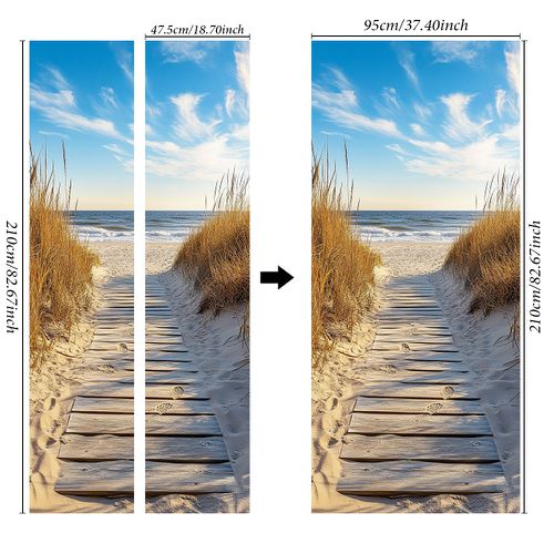 TEMU 1 Pair Beach Scene Removable Door Stickers - Self-adhesive & Sand Mural, Modern Home Decor For Bedroom, Living Room, Or Office, Vivid Coasta