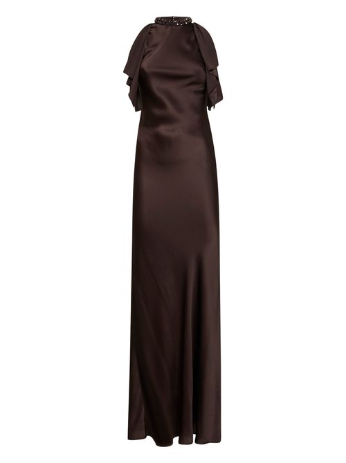 Crystal-Embellished Halter Neck Dress — Brown