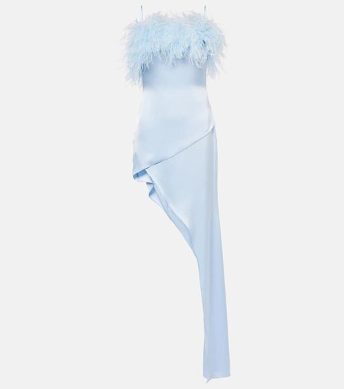 Feather-trimmed asymmetric satin midi dress