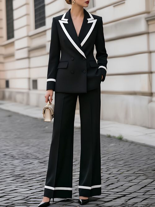 Contrast Piping Double Breasted Black Blazer & Cuffed Flared Pants Two-Piece Suit - Black