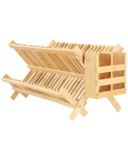 2-Tier Collapsible Bamboo Drying Dish Rack with Utensil Holder