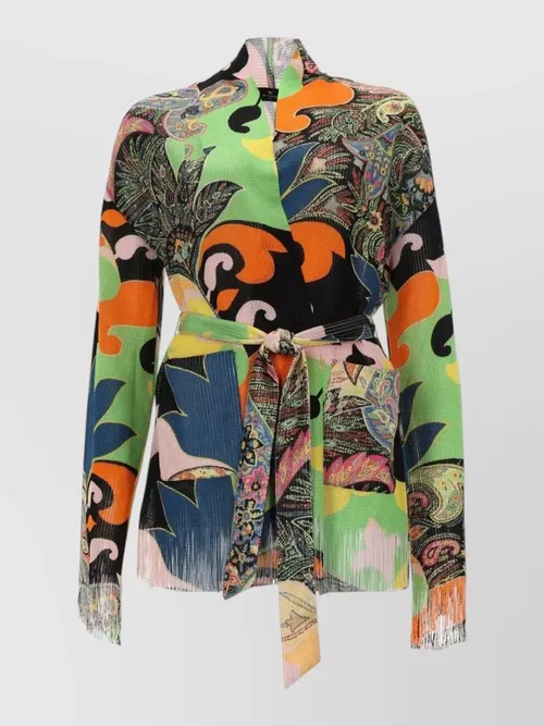 Etro - jacket belted waist fringe hem paisley