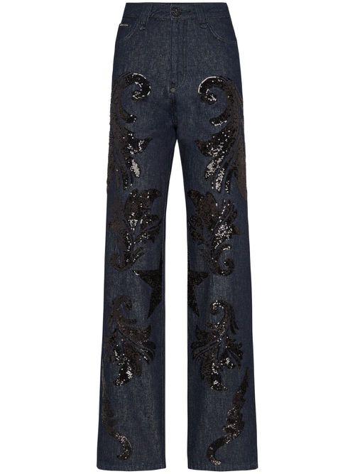 Sequin-embellished high-rise wide-leg jeans - Black