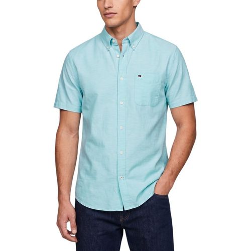 Tommy Hilfiger Mens Shirt Oxford Lightweight Short Sleeve Regular Fit Summer Top - Green Cotton - Large
