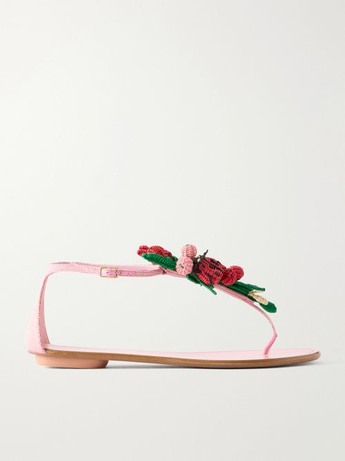 Botanica Embellished Leather And Raffia Thong Sandals