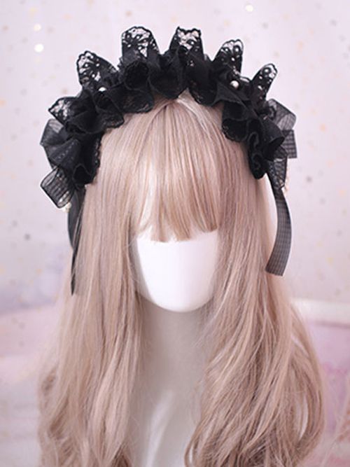 Gothic Lolita Hair Accessory Ruffle Bow Pearl Lace Black Lolita Headdre