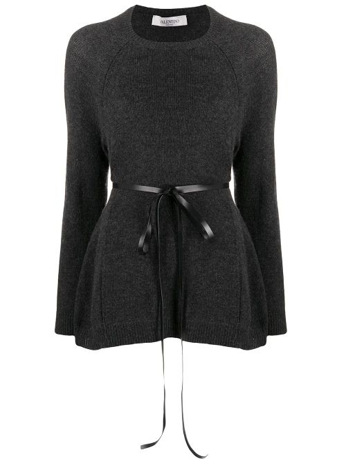 Ribbon-Belted Wool-Cashmere Sweater — Gray