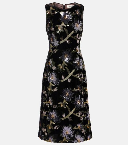 Coral sequined floral midi dress