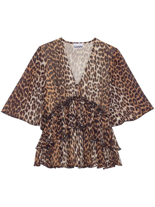 Leopard-print V-neck pleated blouse - Brown