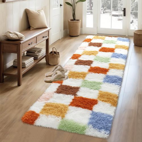 Garvee Checkered Runner Rug 2x6 Plush Fuzzy Rugs for Bedroom Hallway, Colorful Modern Shag Rug Super Soft Runner Carpet Washable Plush Fuzzy Rugs for Living Room Bedside Sofa Home Dorm Decor Aesthetic