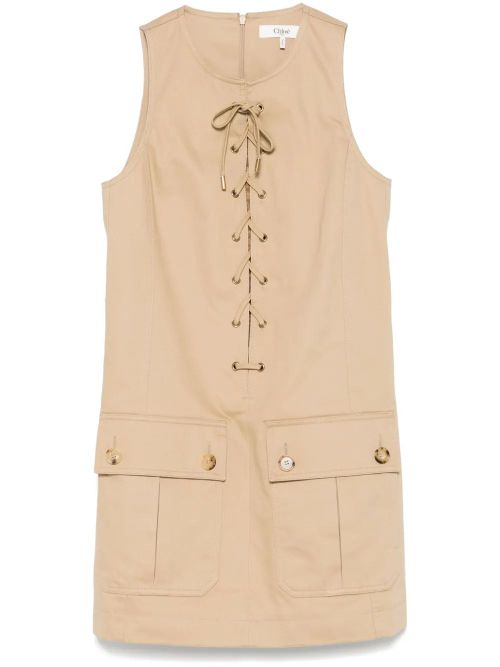 Cotton Satin Mini Dress with Front Laces and Double Slit