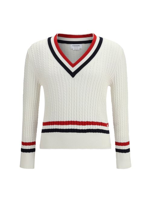 Intarsia Cable-Knit V-Neck Sweater — White
