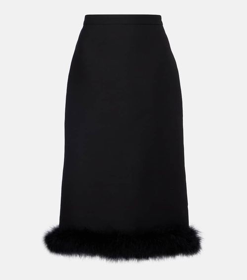 Feather-trimmed wool and silk Crepe Couture midi skirt