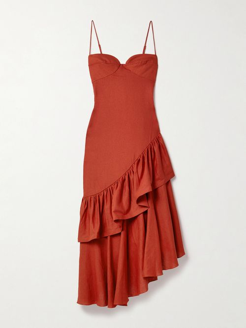 Acércate Más Asymmetric Ruffled Linen-blend Dress - Red