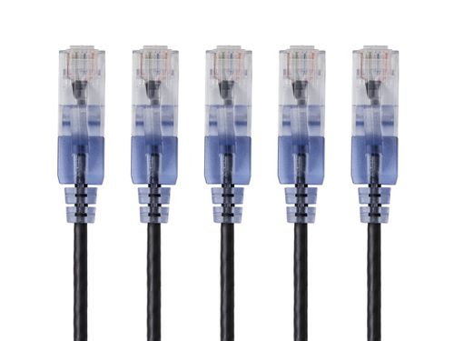 Cat6A 3ft Black 5-Pk Patch Cable, UTP, 30AWG, 10G, Pure Bare Copper, Snagless RJ45, SlimRun Series Ethernet Cable