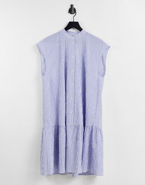 & cotton linen stripe print mini dress in blue - LBLUE