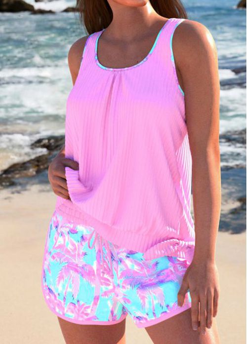Modlily Bowknot Tropical Plants Print Pink Tankini Set