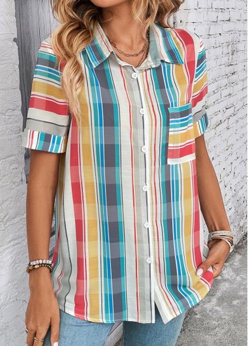 Modlily Multi Color Button Plaid Short Sleeve Blouse