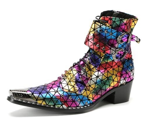 Santimon Men's Gothic Punk Buckle Western Cowboy Boots – Genuine Leather Metal Spiked Toe
