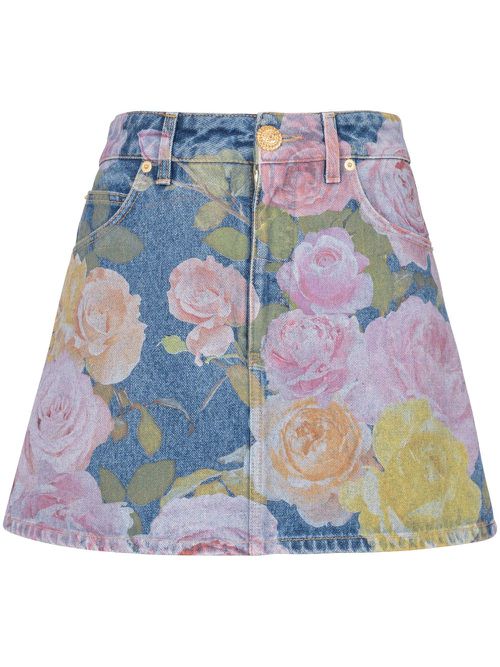 Floral-print denim miniskirt - Blue