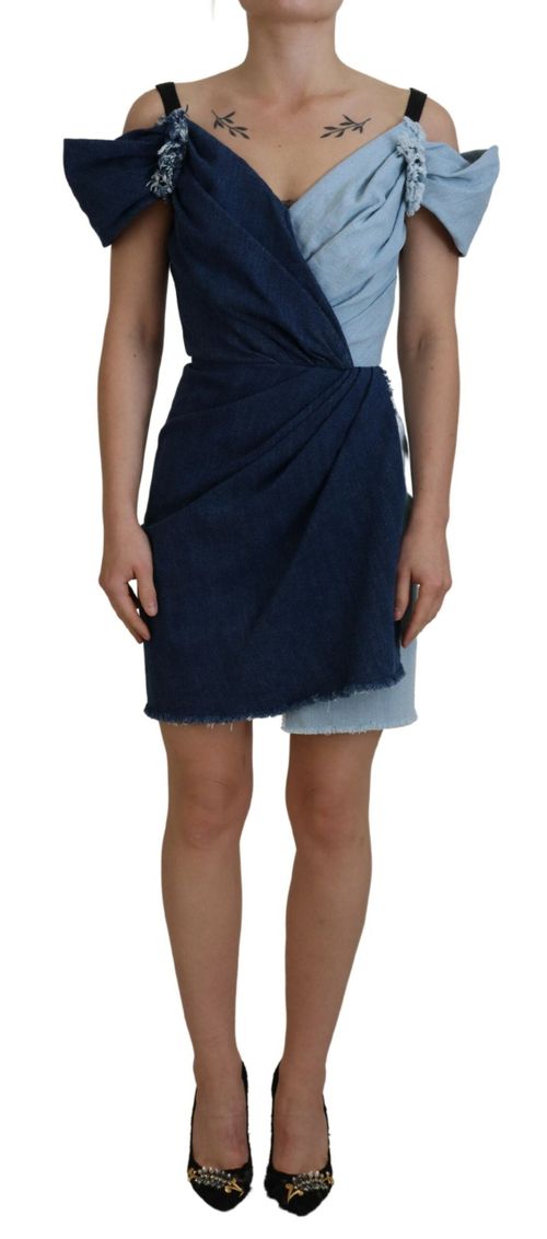 Two-Tone Denim Patchwork Dress — Blue