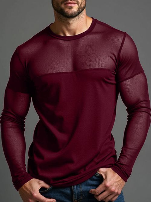 Mens Mesh Design Slim Fit Patchwork Long Sleeve T-Shirt SKUK85958 - Wine Red / S