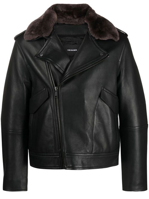 Fur-collar leather biker jacket - Black