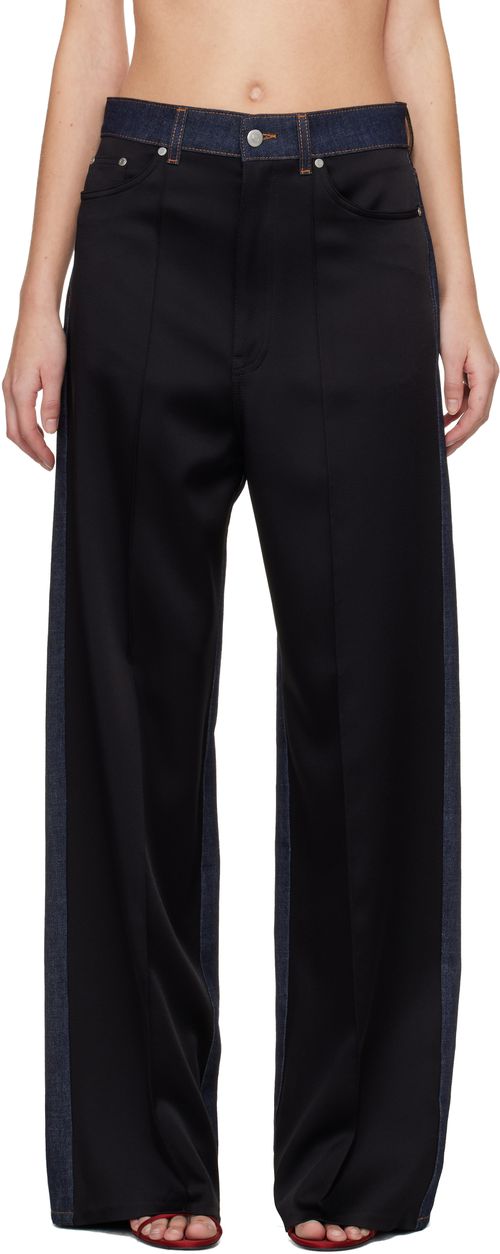 Navy & Black Wide-Leg Satin-Panel Jeans