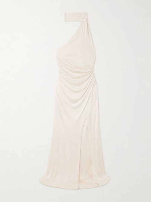 One-shoulder Paneled Ruched Satin-jersey Halterneck Gown - Off-white